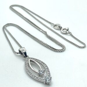 VTG Sterling Silver & CZ Marquis Shaped Pendant & Box Chain 18”